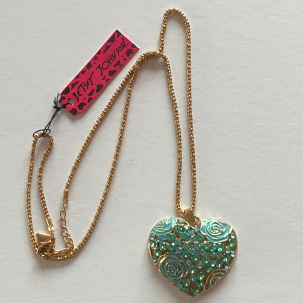 Betsey Johnson Gold Heart with Green Roses Necklace - Picture 2 of 3